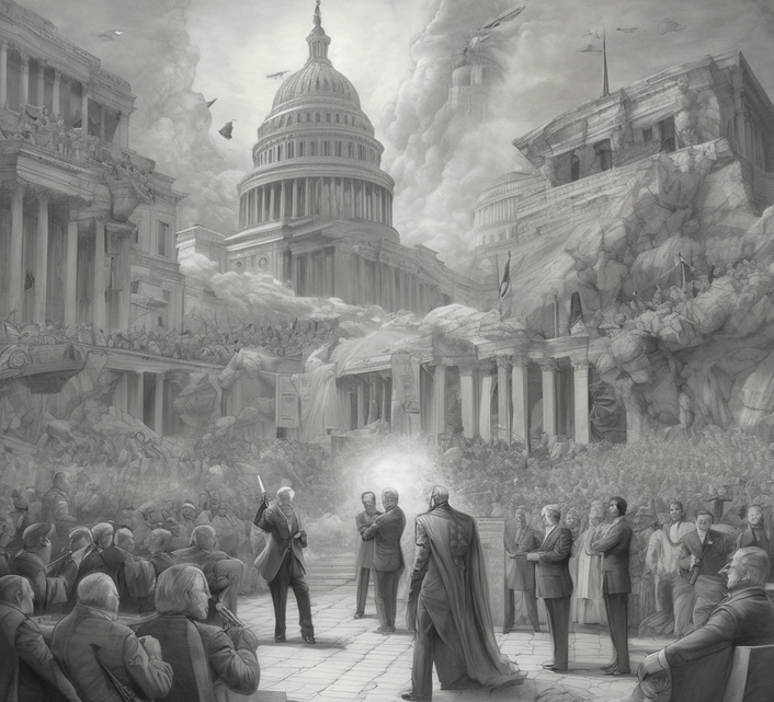 Ilustrácia konfliktných politikov pred polozrúteným Kapitolom (Washington, USA).