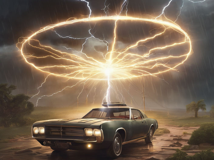 A car-shaped time machine being struck by lightning to trigger the time jump.