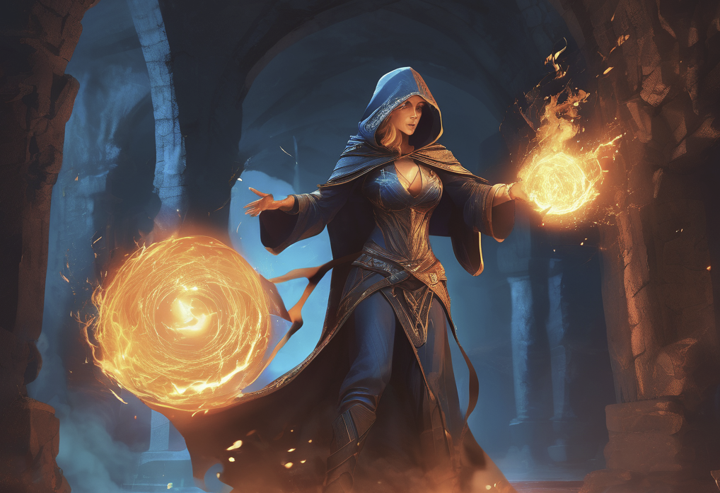 An illustration of a female magician conjuring up fireballs.